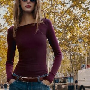 Zara Slim Fit Boatneck Long Sleeve Top in Deep Plum